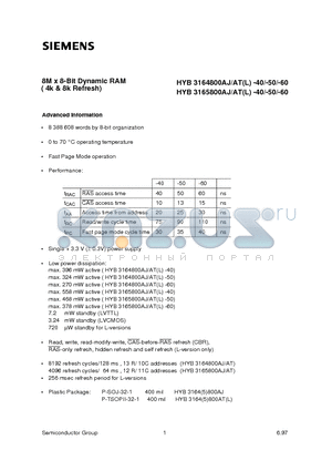 HYB3164800AT-60 datasheet - 8M x 8-Bit Dynamic RAM