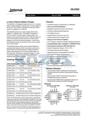 ISL6292 datasheet - Li-ion/Li Polymer Battery Charger