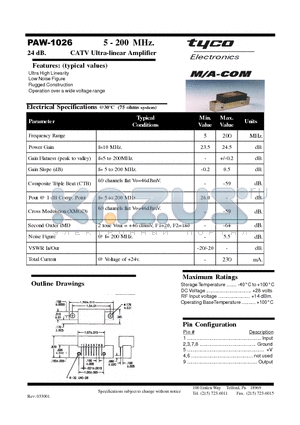 PAW-1026 datasheet - 5 - 200 MHz. 24 dB. CATV Ultra-linear Amplifier