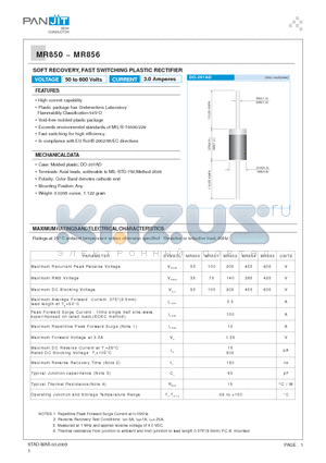 MR856 datasheet - SOFT RECOVERY, FAST SWITCHING PLASTIC RECTIFIER