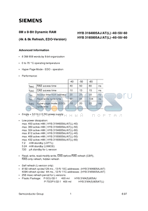 HYB3164805AT-50 datasheet - 8M x 8-Bit Dynamic RAM