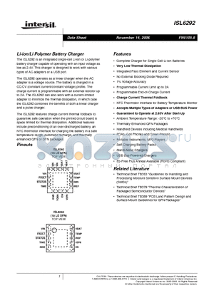 ISL6292-1CR4-T datasheet - Li-ion/Li Polymer Battery Charger
