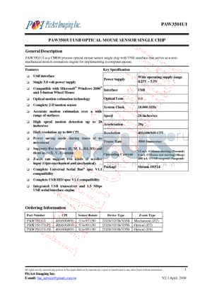 PAW3501UI datasheet - USB OPTICAL MOUSE SENSOR SINGLE CHIP