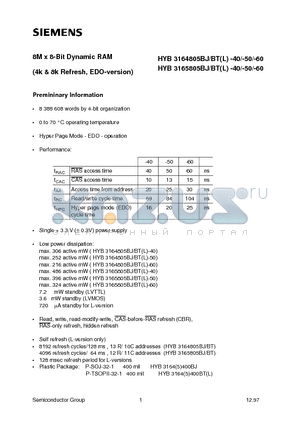 HYB3164805BTL-50 datasheet - 8M x 8-Bit Dynamic RAM