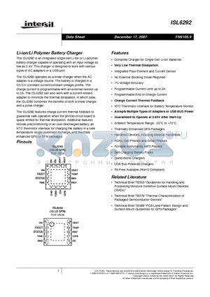 ISL6292-1CR5Z datasheet - Li-ion/Li Polymer Battery Charger
