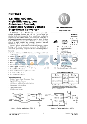 NCP1521 datasheet - 1.5 MHz, 600 mA, High−Efficiency, Low Quiescent Current, Adjustable Output Voltage Step−Down Converter