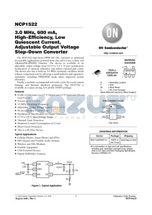 NCP1522 datasheet - 3.0 MHz, 600 mA, High−Efficiency, Low Quiescent Current, Adjustable Output Voltage Step−Down Converter