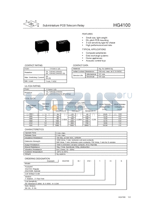 HG4100/003-2BS datasheet - Subminiature PCB Telecom Relay