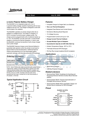 ISL6292CCR3Z datasheet - Li-ion/Li Polymer Battery Charger