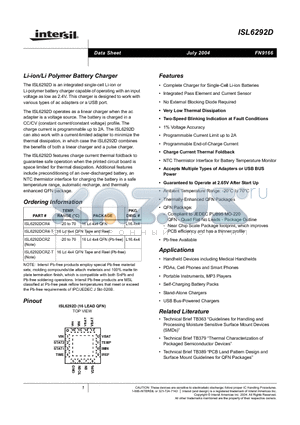 ISL6292DCRZ datasheet - Li-ion/Li Polymer Battery Charger