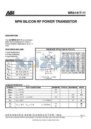 MRA1417-11 datasheet - NPN SILICON RF POWER TRANSISTOR