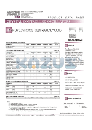 OFA3AB1AB-38.88M datasheet - 14 PIN DIP 3.3V HCMOS FIXED FREQUENCY OCXO