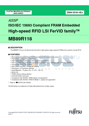 MB89R118 datasheet - ISO/IEC 15693 Compliant FRAM Embedded High-speed RFID LSI FerVID familyTM