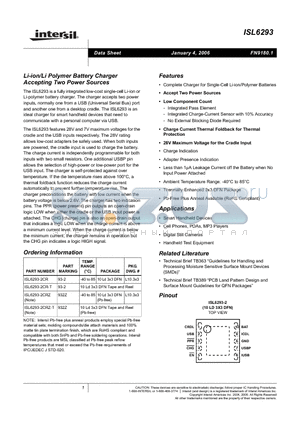 ISL6293-2CR datasheet - Li-ion/Li Polymer Battery Charger Accepting Two Power Sources