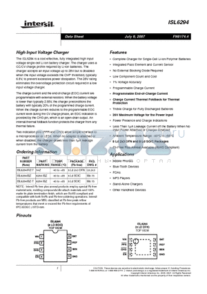 ISL6294 datasheet - High Input Voltage Charger