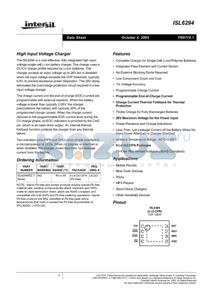 ISL6294IRZ datasheet - High Input Voltage Charger
