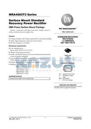 MRA4005T3G datasheet - Surface Mount Standard Recovery Power Rectifier