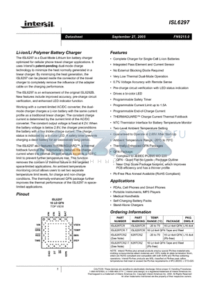 ISL6297CR datasheet - Li-ion/Li Polymer Battery Charger