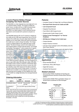 ISL6299A datasheet - Li-ion/Li-Polymer Battery Charger Accepting Two Power Sources