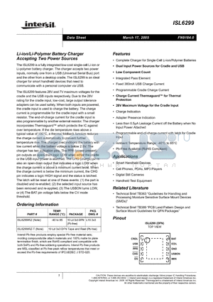 ISL6299 datasheet - Li-ion/Li-Polymer Battery Charger Accepting Two Power Sources