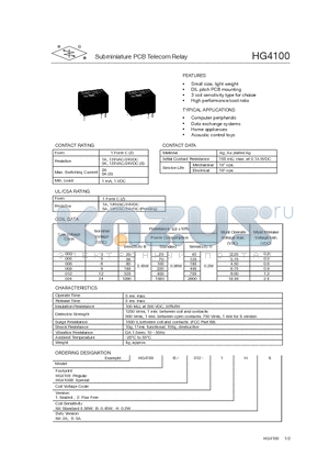 HG4100B/006-1B datasheet - Subminiature PCB Telecom Relay