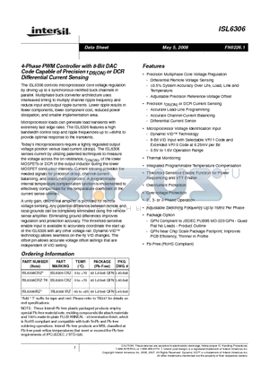 ISL6306IRZ datasheet - 4-Phase PWM Controller with 8-Bit DAC Code Capable of Precision rDS ON or DCR Differential Current Sensing