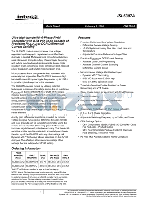 ISL6307AIRZ datasheet - Ultra-high bandwidth 6-Phase PWM Controller with 8 Bit VID Code Capable of Precision RDS(ON) or DCR Differential Current Sensing