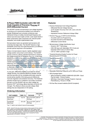 ISL6307CRZ datasheet - 6-Phase PWM Controller with 8 Bit VID Code Capable of Precision RDS(ON) or DCR Differential Current