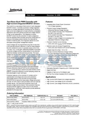 ISL6310EVAL1Z datasheet - Two-Phase Buck PWM Controller with High Current Integrated MOSFET Drivers