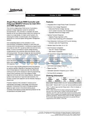 ISL6314CRZ datasheet - Single-Phase Buck PWM Controller with Integrated MOSFET Drivers for Intel VR11 and AMD Applications
