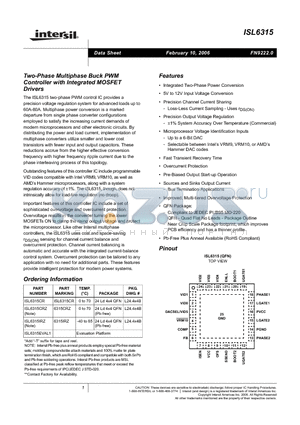 ISL6315CR datasheet - Two-Phase Multiphase Buck PWM Controller with Integrated MOSFET Drivers