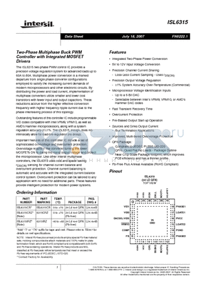 ISL6315IRZ datasheet - Two-Phase Multiphase Buck PWM Controller with Integrated MOSFET Drivers