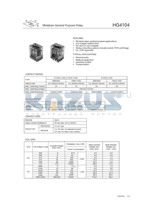 HG4104/012A-2Z4DSH datasheet - Miniature General Purpose Relay