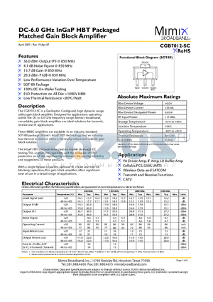PB-CGB7012-SC-0000 datasheet - DC-6.0 GHz InGaP HBT Packaged Matched Gain Block Amplifier