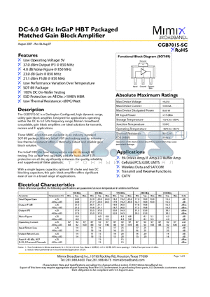 PB-CGB7015-SC-0000 datasheet - DC-6.0 GHz InGaP HBT Packaged Matched Gain Block Amplifier