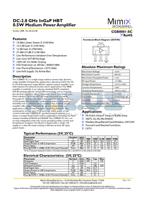PB-CGB8001-SC-00A0 datasheet - DC-2.8 GHz InGaP HBT 0.5W Medium Power Amplifier