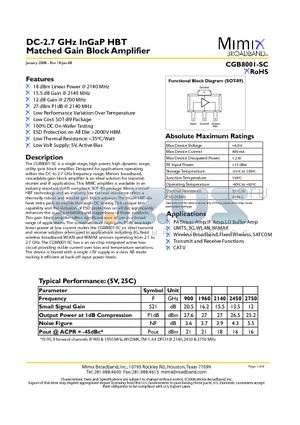 PB-CGB8001-SC-00B0 datasheet - DC-2.7 GHz InGaP HBT Matched Gain Block Amplifier