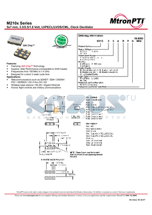 M210124UPN datasheet - 5x7 mm, 3.3/2.5/1.8 Volt, LVPECL/LVDS/CML, Clock Oscillator