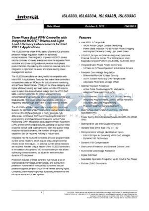 ISL6333 datasheet - Three-Phase Buck PWM Controller with Integrated MOSFET Drivers and Light Load Efficiency Enhancements for Intel VR11.1 Applications