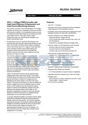 ISL6334AIRZ datasheet - VR11.1, 4-Phase PWM Controller with Light Load Efficiency Enhancement and Load Current Monitoring