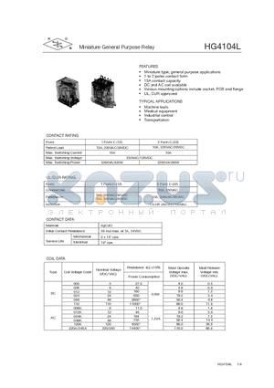 HG4104L/005A-1Z6BDC datasheet - Miniature General Purpose Relay