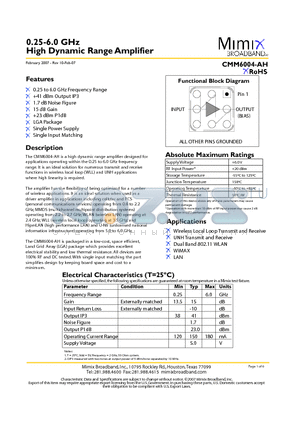 PB-CMM6004-AH-00C0 datasheet - 0.25-6.0 GHz High Dynamic Range Amplifier