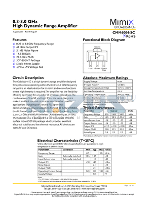 PB-CMM6004-SC-00A0 datasheet - 0.3-3.0 GHz High Dynamic Range Amplifier