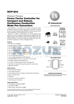 NCP1654DR2 datasheet - Power Factor Controller for Compact and Robust, Continuous Conduction Mode Pre−Converters