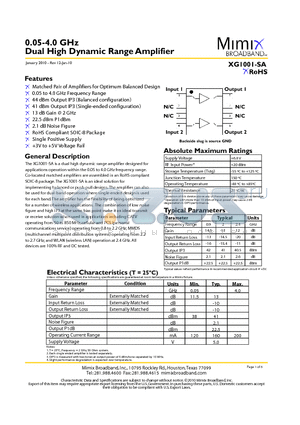 PB-XG1001-SA-00C0 datasheet - 100.05-4.0 GHz Dual High Dynamic Range Amplifier