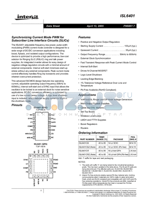 ISL6401 datasheet - Synchronizing Current Mode PWM for Subscriber Line Interface Circuits (SLICs)