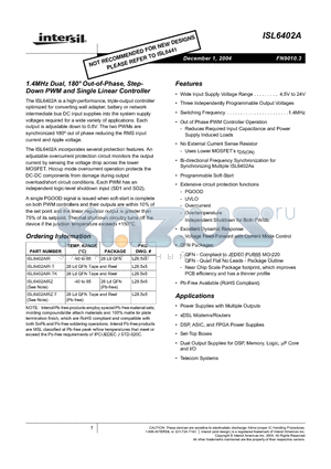 ISL6402AIR-T datasheet - 1.4MHz Dual, 180 Out-of-Phase, Step- Down PWM and Single Linear Controller