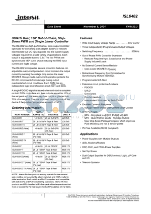 ISL6402IRZ-T datasheet - 300kHz Dual, 180 Degree Out-of-Phase, Step-Down PWM and Single Linear Controller