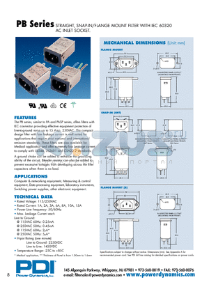 PB01Q-00-1MM3SNT datasheet - STRAIGHT, SNAP-IN/FLANGE MOUNT FILTER WITH IEC 60320 AC INLET SOCKET.