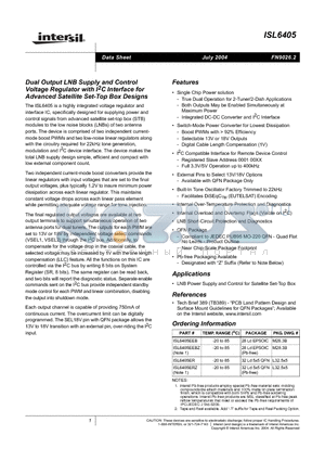 ISL6405ER datasheet - Dual Output LNB Supply and Control Voltage Regulator with I2C Interface for Advanced Satellite Set-top Box Designs